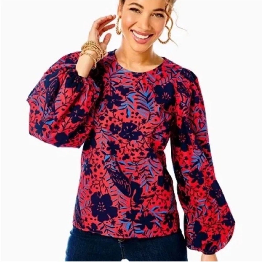 Lilly Pulitzer Lynnley Long Sleeve Top Ruby Red Heron My Own XL